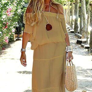 Akivide Women's Off Shoulder Solid Color Long Dress Elastic Waist 2XL Khaki